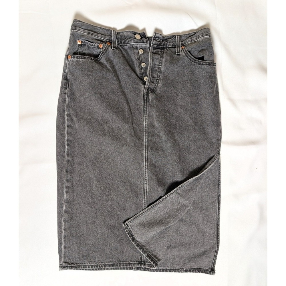 Levis Black Denim Side Slit Midi Skirt Sz 29 90s Inspired Y2K Western Faded - Picture 2 of 9